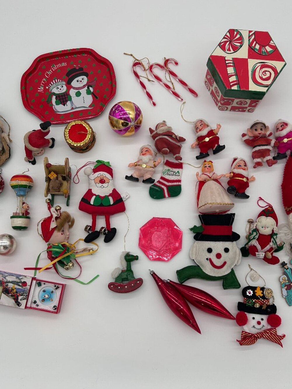 Vintage Lot Christmas ornaments flocked reindeer sequin snowman santa mercury